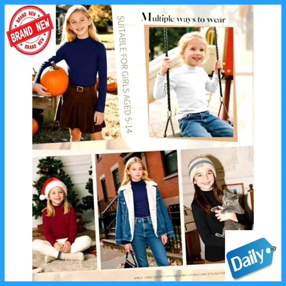 Girls' Mock Turtleneck Long Sleeve Tees 3 Pack Warm Slim Fit Basic Layer